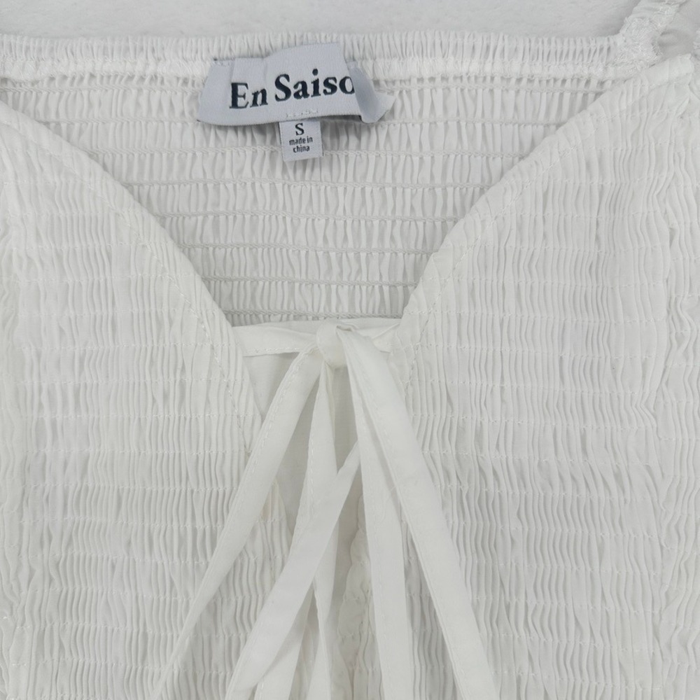 En Saison White Smocked Puff Sleeve Peplum Blouse Size S - Picture 9 of 11
